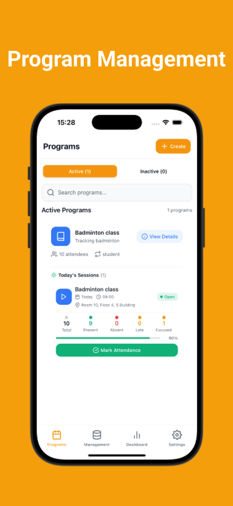 Attendance Tracker Offline - Attendance Tracker Offline app interface showing program management for a badminton class with session details and attendance statistics.
