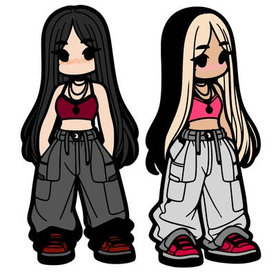 girl in baggy pants crop top and long hair