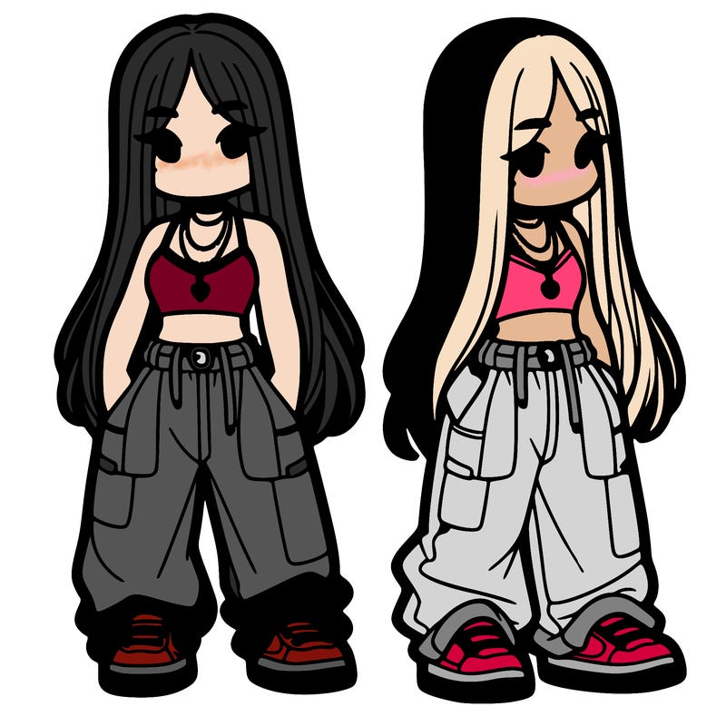girl in baggy pants crop top and long hair