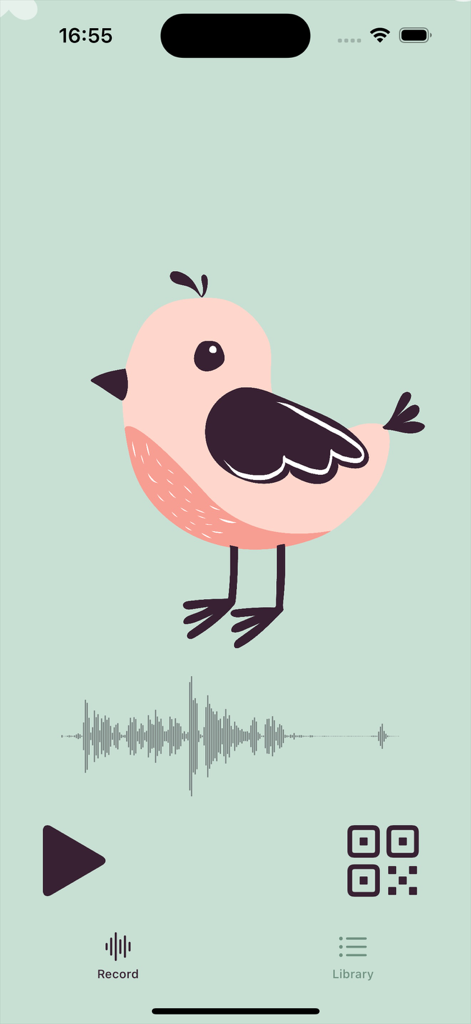 Chirp.QR - Chirp.QR app recording screen featuring a pink bird illustration and audio waveform