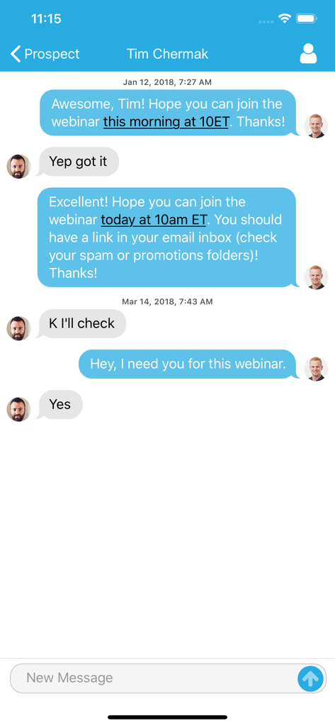 Platform Marketing - Prospect messaging interface in the Platform Marketing app showing a text conversation about a webinar.