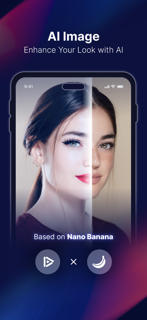 Before and after comparison of a woman face showing AI makeup and skin enhancement features