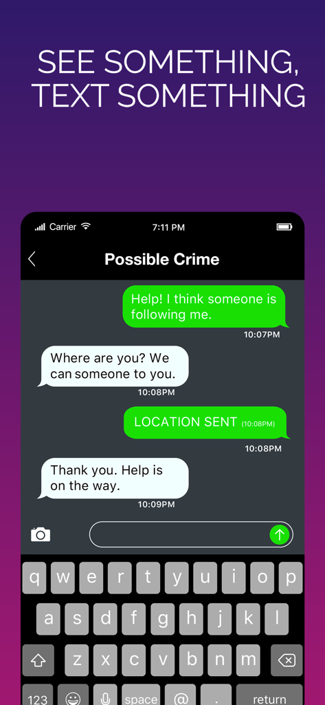 Rave Guardian - Interfaz de chat de la aplicación Rave Guardian que muestra a un usuario reportando un posible crimen y compartiendo su ubicación con funcionarios de seguridad