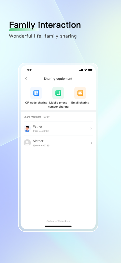 Ziicam - Pantalla de la aplicación Ziicam para compartir el acceso a la cámara de seguridad con miembros de la familia a través de código QR, teléfono o correo electrónico