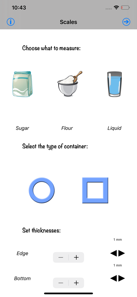 Kitchen Scales - Interface of the Kitchen Scales app showing options to select ingredients like sugar or flour, container shapes, and thickness settings.
