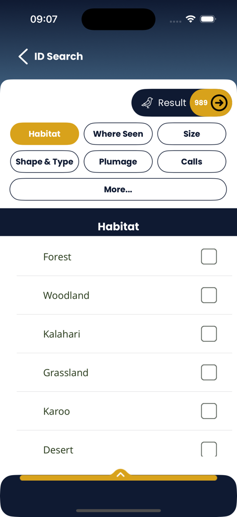 ID-Suchbildschirm in der Roberts Vögel App mit Lebensraumfiltern zur Vogelidentifizierung in Südafrika