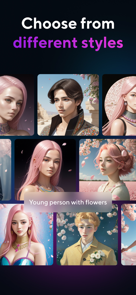 Artist.aiアプリ内でさまざまなアートスタイルを示すAI生成ポートレートのグリッド