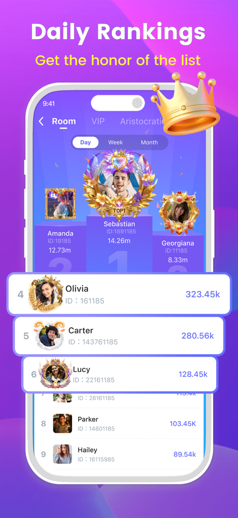 Hiya - Group Voice Chatroom - Pantalla de clasificaciones diarias de Hiya que muestra una tabla de clasificación de los principales usuarios de salas de chat de voz en un podio