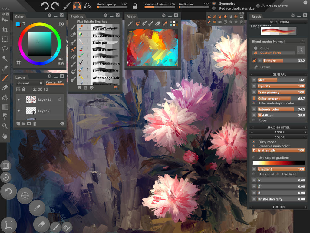 A professional digital painting workspace in Paintstorm Studio Lite showing floral artwork and complex brush customization panels on an iPad interface.