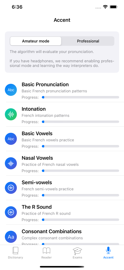 French : A1, A2, B1, B2 exams - A screenshot of the French learning app accent training screen featuring various pronunciation modules and progress tracking.