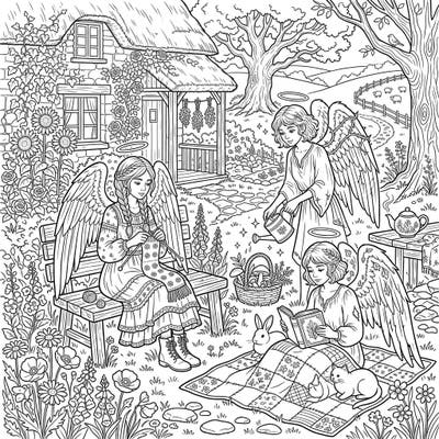 Experience the unexpected beauty of angelic figures in a serene cottagecore setting. This printable coloring page invites you to add your colors to a tranquil garden scene filled with grace and rustic charm.