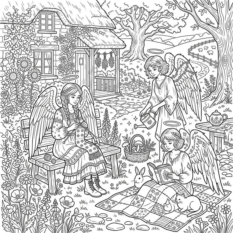 Experience the unexpected beauty of angelic figures in a serene cottagecore setting. This printable coloring page invites you to add your colors to a tranquil garden scene filled with grace and rustic charm.