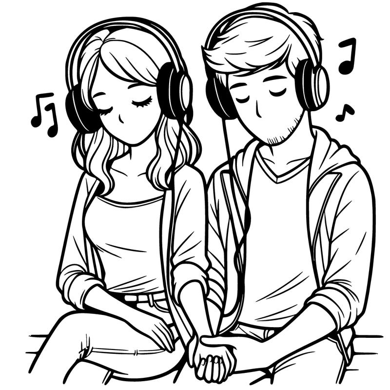 man holding hands with his girlfriend, listening to music