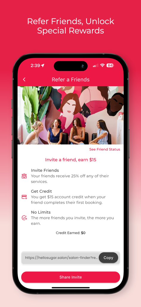 Hello Sugar: Wax, Sugar, Laser - Hello Sugar app referral screen showing rewards and discounts for inviting friends