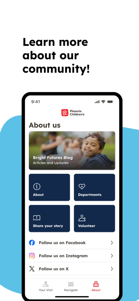 Pantalla de la aplicación Phoenix Children's Hospital que muestra la página Acerca de nosotros con enlaces al blog de recursos comunitarios y redes sociales