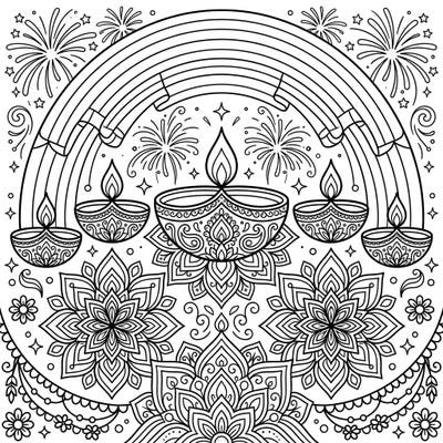 Immerse yourself in the magic of Diwali with this beautifully intricate coloring page, combining traditional festive elements with the celestial wonder of supernumerary bows. Celebrate the festival of lights by bringing vibrant colors to diyas, rangoli, and fireworks.