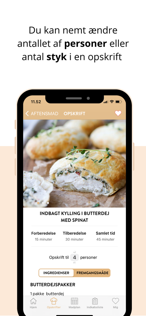 Mummum - Mummum app screen showing a puff pastry chicken recipe with an interactive serving size selector