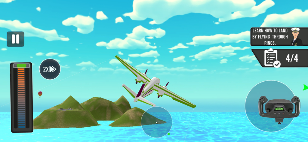 Captura de pantalla del juego de un avión verde y blanco volando sobre islas tropicales con controles de simulador de vuelo en pantalla.