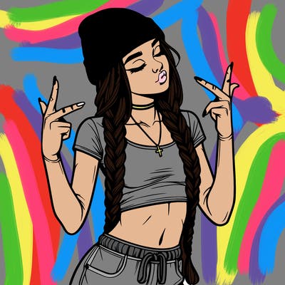 realistic teenage girl with braids and a beanie and crop top doing 🫶🏼