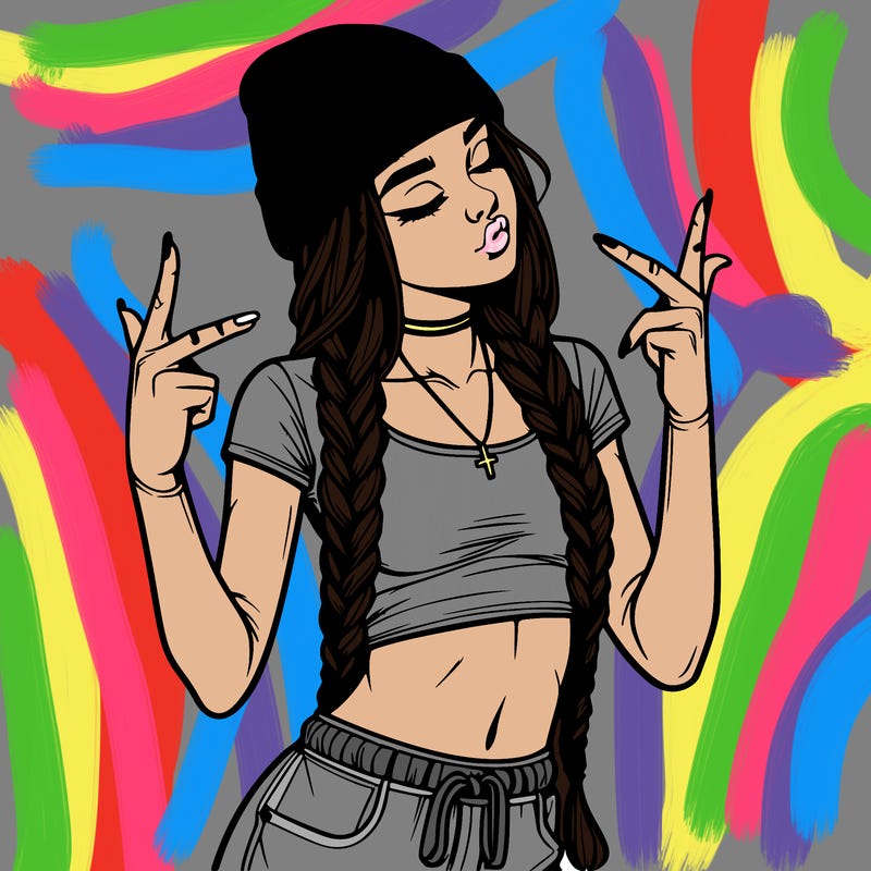 realistic teenage girl with braids and a beanie and crop top doing 🫶🏼