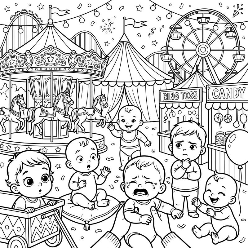 Step right up to a whimsical carnival where adorable babies are experiencing every emotion under the big top! This charming coloring page features a lively fairground scene perfect for bringing to life with your favorite hues.