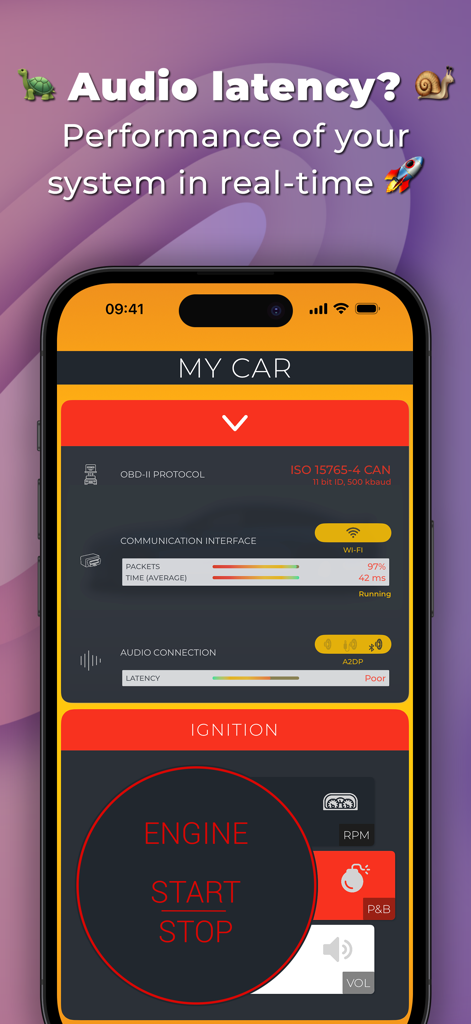 Potenza Drive: Engine Sounds - A mobile interface showing real-time performance and audio latency for car engine sounds.