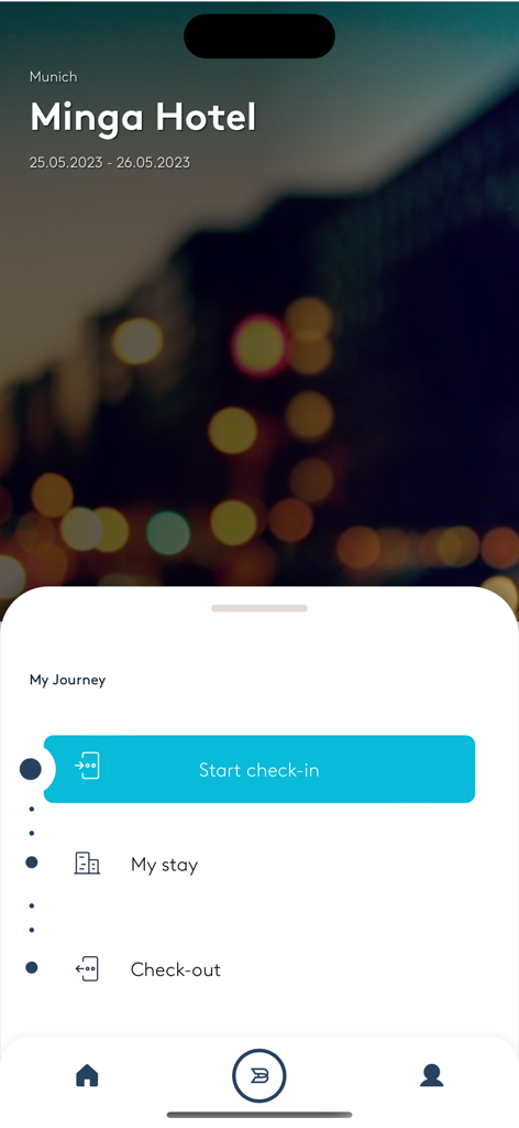 Hotelbird - Hotelbird app screen showing the My Journey timeline with a button to start check-in for a hotel stay in Munich