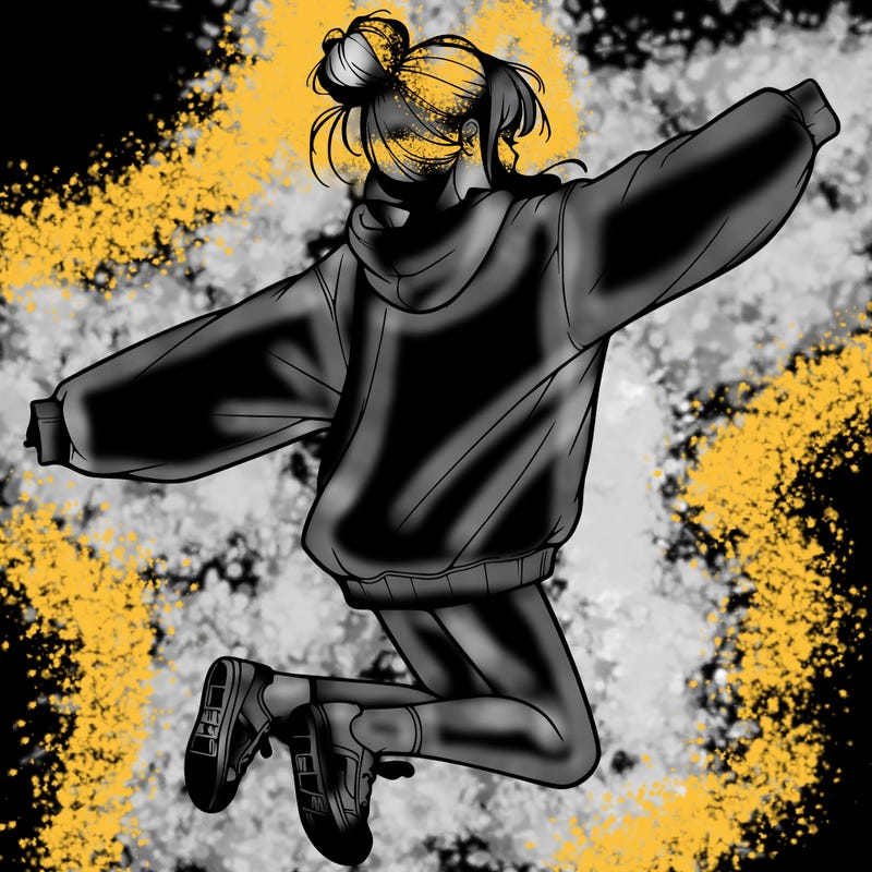 realistic girl jumping with a bun and oversized sweatshirt