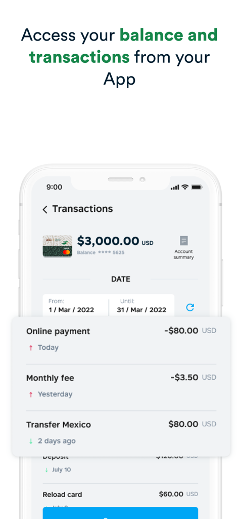 Bildschirm der mobilen App zeigt Kontostand und den Verlauf der letzten Transaktionen für grenzüberschreitende Zahlungen
