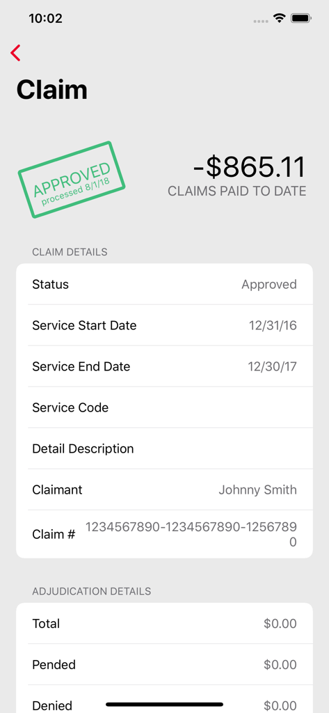 AFmobile® - AFmobileアプリの画面。承認された保険請求の詳細と支払い額が表示されます。