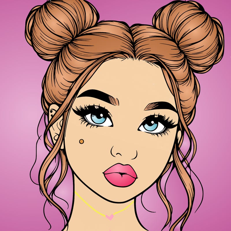 realistic girl with two buns on her hair and lips