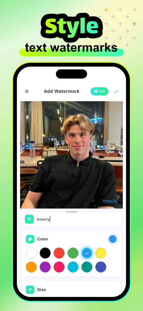 Vibers - Vibers app screen showing text watermark customization with color and size controls for video editing
