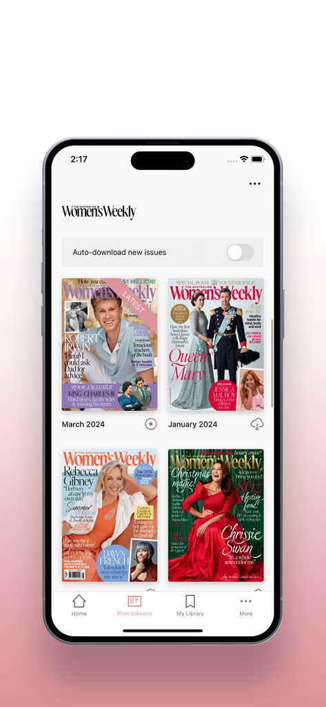 The Australian Women's Weekly - スマートフォン画面に、3月号（ロバート・アーウィン掲載）を含むオーストラリアン・ウィメンズ・ウィークリーのデジタル雑誌の表紙コレクションが表示されています。