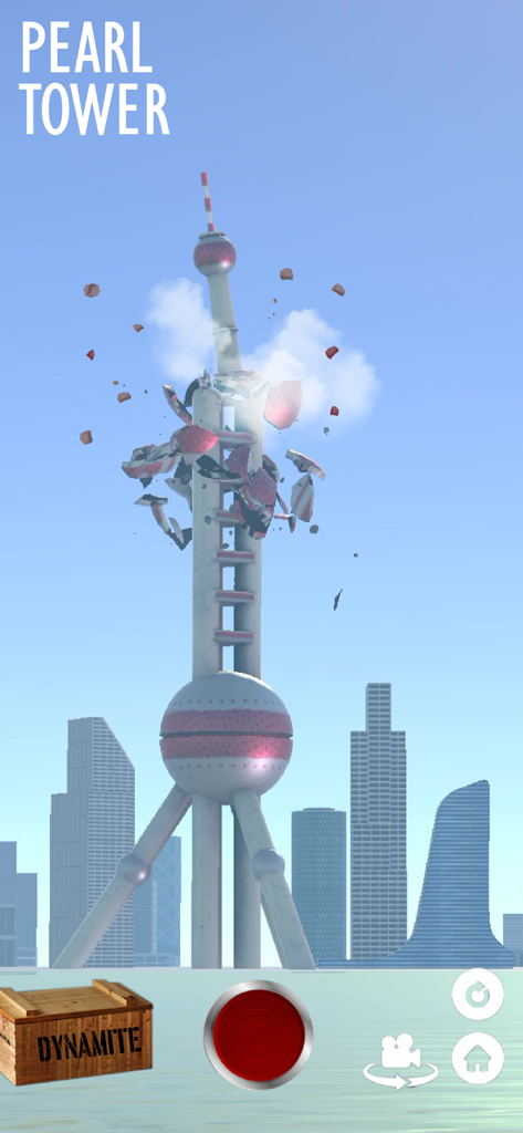 A screenshot of the Pearl Tower being demolished in the Fake Island mobile game