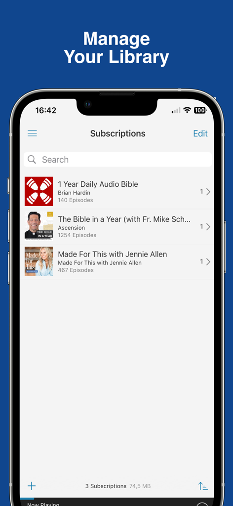 Bible: Read, Listen Holy Bible - Interface for managing Bible podcast subscriptions on a mobile app library screen.