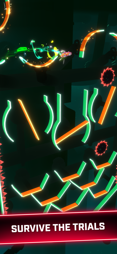 Rider Worlds - Neon Bike Races - ライダー・ワールドで、ノコギリ刃のある未来的な障害物コースをスタントするネオンカー