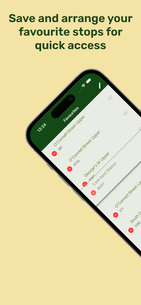 Next Bus Ireland app interface showing a list of favorite bus stops for quick access