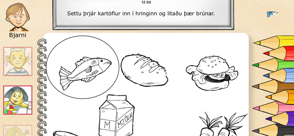 Educational interface of the Orðagull app showing Icelandic text instructions and a coloring exercise with food illustrations
