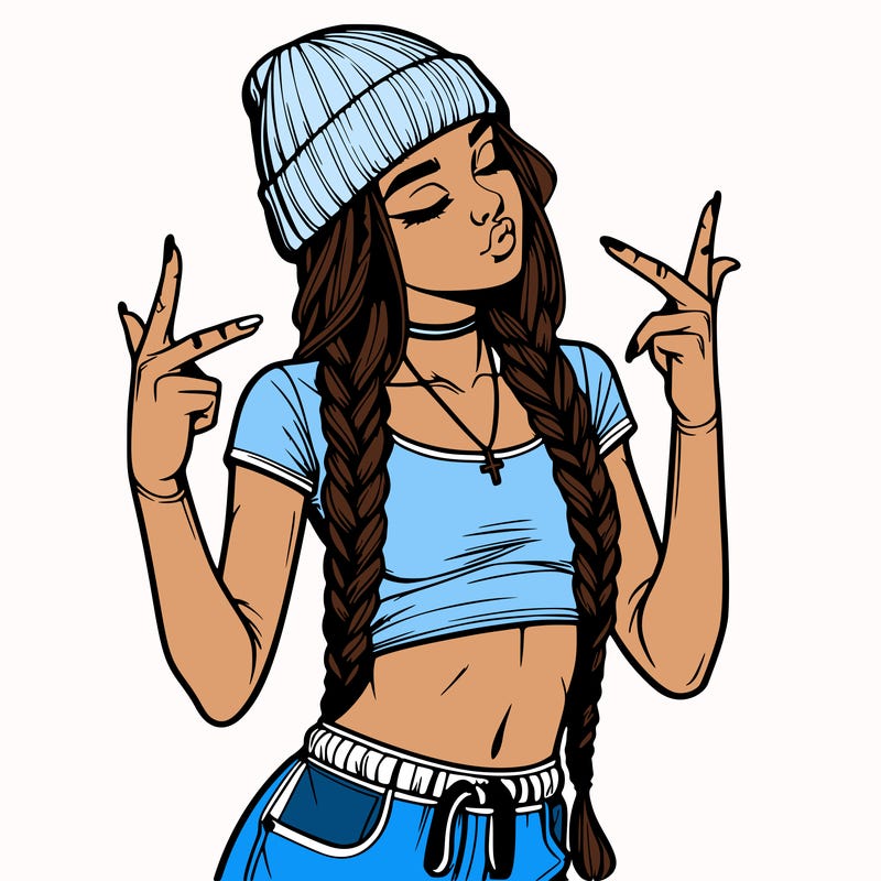 realistic teenage girl with braids and a beanie and crop top doing 🫶🏼