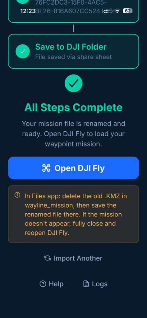 Mission Planner for DJI Drones - Successful drone mission export screen with Open DJI Fly button