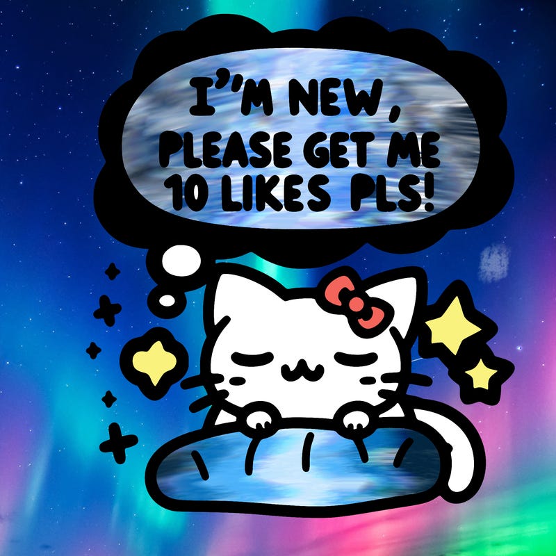 kitty taking a nap dream talking and saying "i'm new, please get me at least 10 likes pls!!"