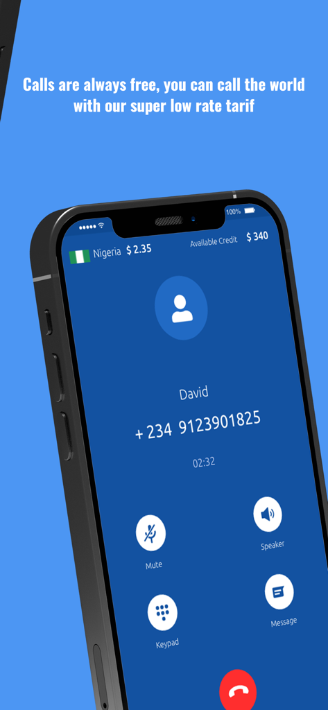 Smartphone screen displaying an international call to Nigeria via SoftTalk Messenger with low rates and available credits