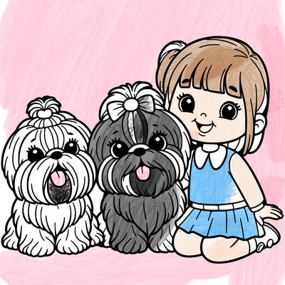 two shih tzus and a little girl