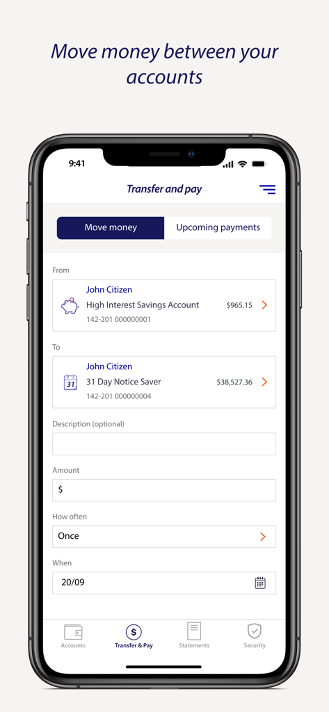 Rabobank Online Savings AU - Rabobank Online Savings AU mobile app screen for transferring money between accounts