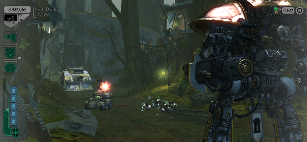 Warhammer 40,000: Freeblade - Warhammer 40,000 Freeblade gameplay showing an Imperial Knight in a forest battle against Ork enemies