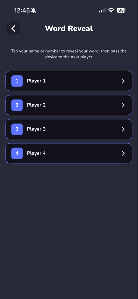 Imposter: Fun Party Word Game - Word reveal screen for the Imposter party game showing a list of players