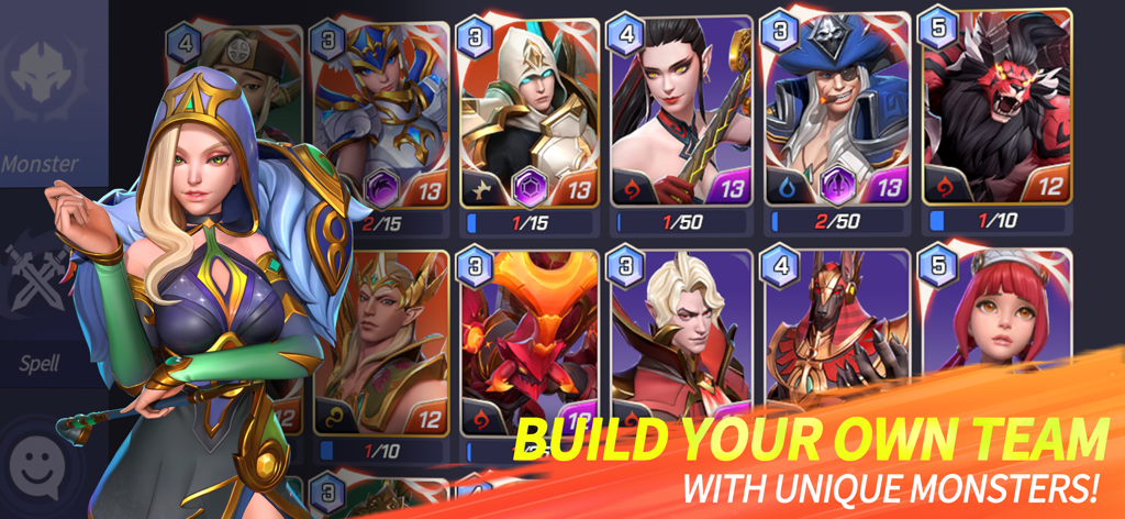 Summoners War: Lost Centuria - Un personaje se encuentra junto a una colección de cartas de monstruos únicas en el menú de Summoners War Lost Centuria