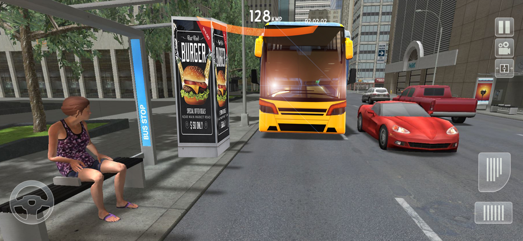 offroad Coach Bus Simulator 3d - Gameplay of a yellow school bus driving on a city street approaching a bus stop