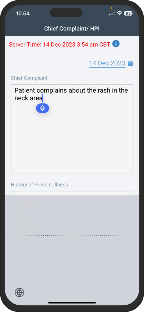 Pantalla de la aplicación móvil ARIA CORE para notas clínicas oncológicas y dictado por voz