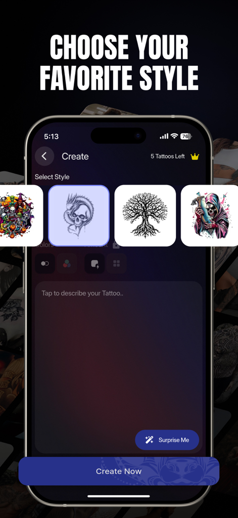Tattoo Designs App: TattooInk - 様々なタトゥースタイルとAIタトゥー生成のためのテキストプロンプトを表示するモバイルアプリ画面